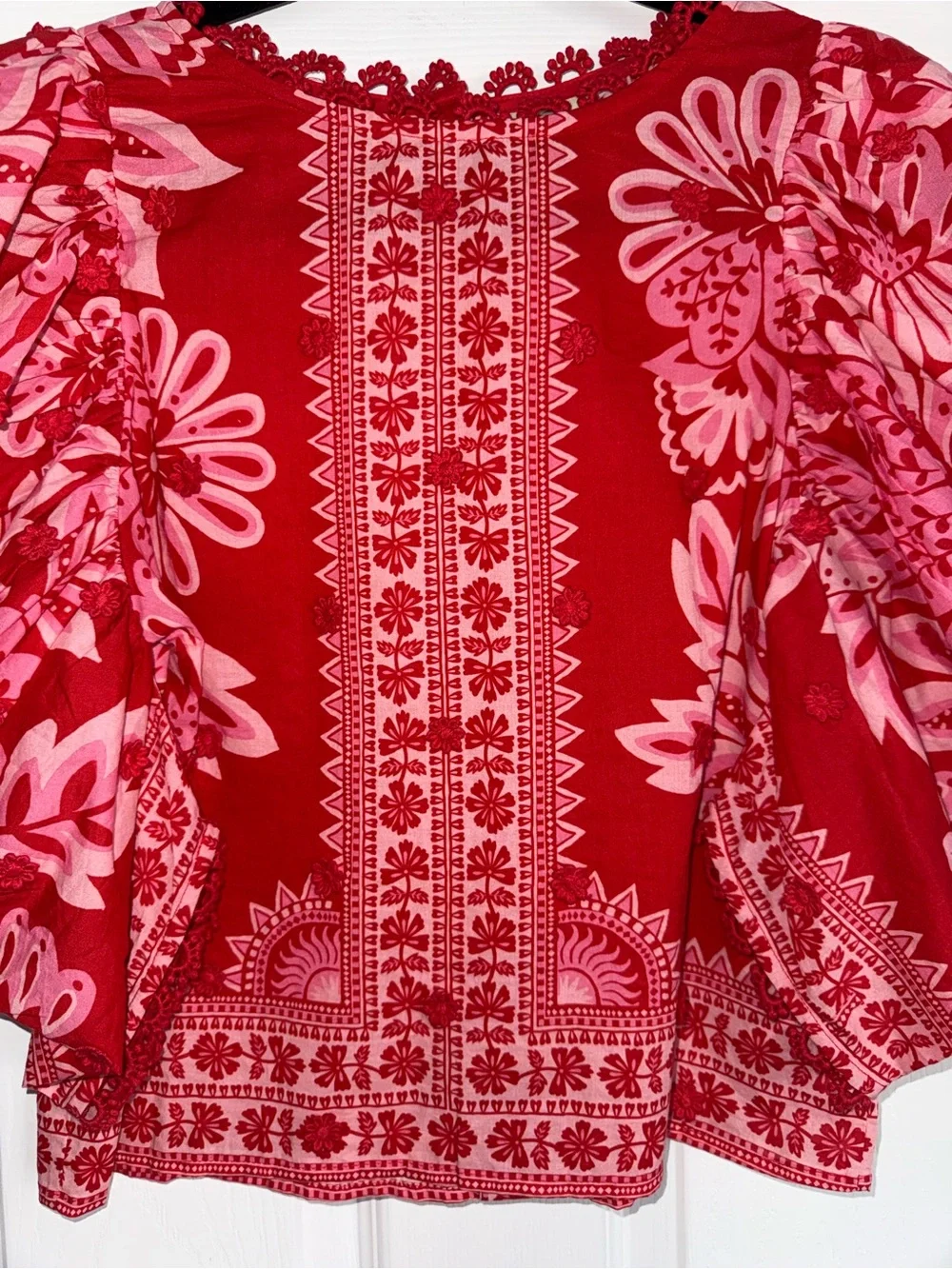 FARM RIO Flora Tapestry Appliqué Puff Sleeve Red Beaded Button Back Blouse XS S